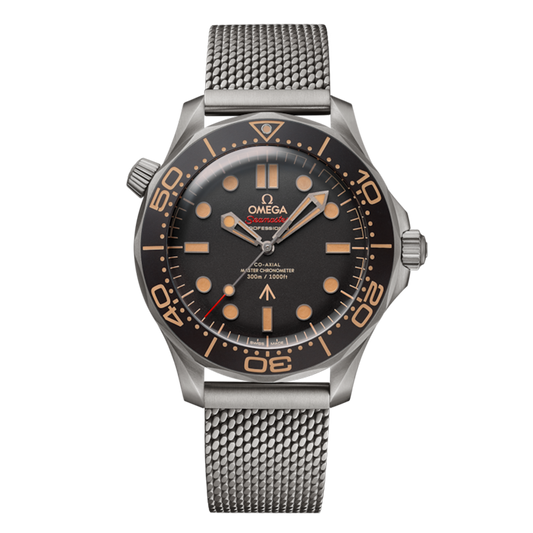 Omega Seamaster Diver 300M 007 Edition 210.90.42.20.01.001 titanium watch with brown dial and titanium mesh bracelet