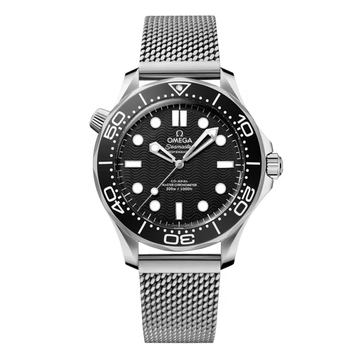 Omega Seamaster Diver 300M 210.30.42.20.01.010 stainless steel watch with black wave dial and mesh bracelet