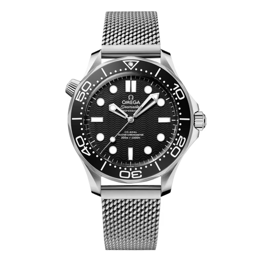 Omega Seamaster Diver 300M 210.30.42.20.01.010 stainless steel watch with black wave dial and mesh bracelet