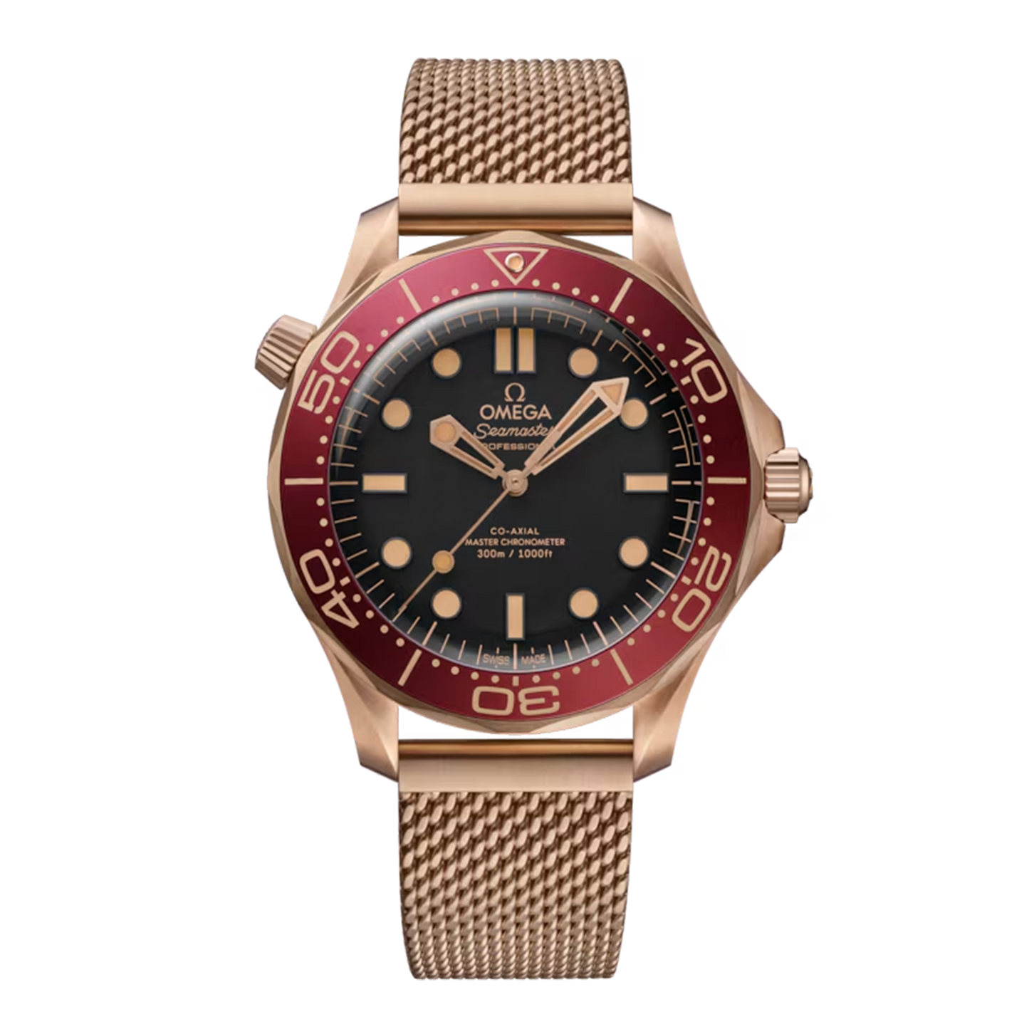 Omega Seamaster Diver 300M 210.90.42.20.01.003 Bronze Gold watch with black dial burgundy bezel and mesh bracelet