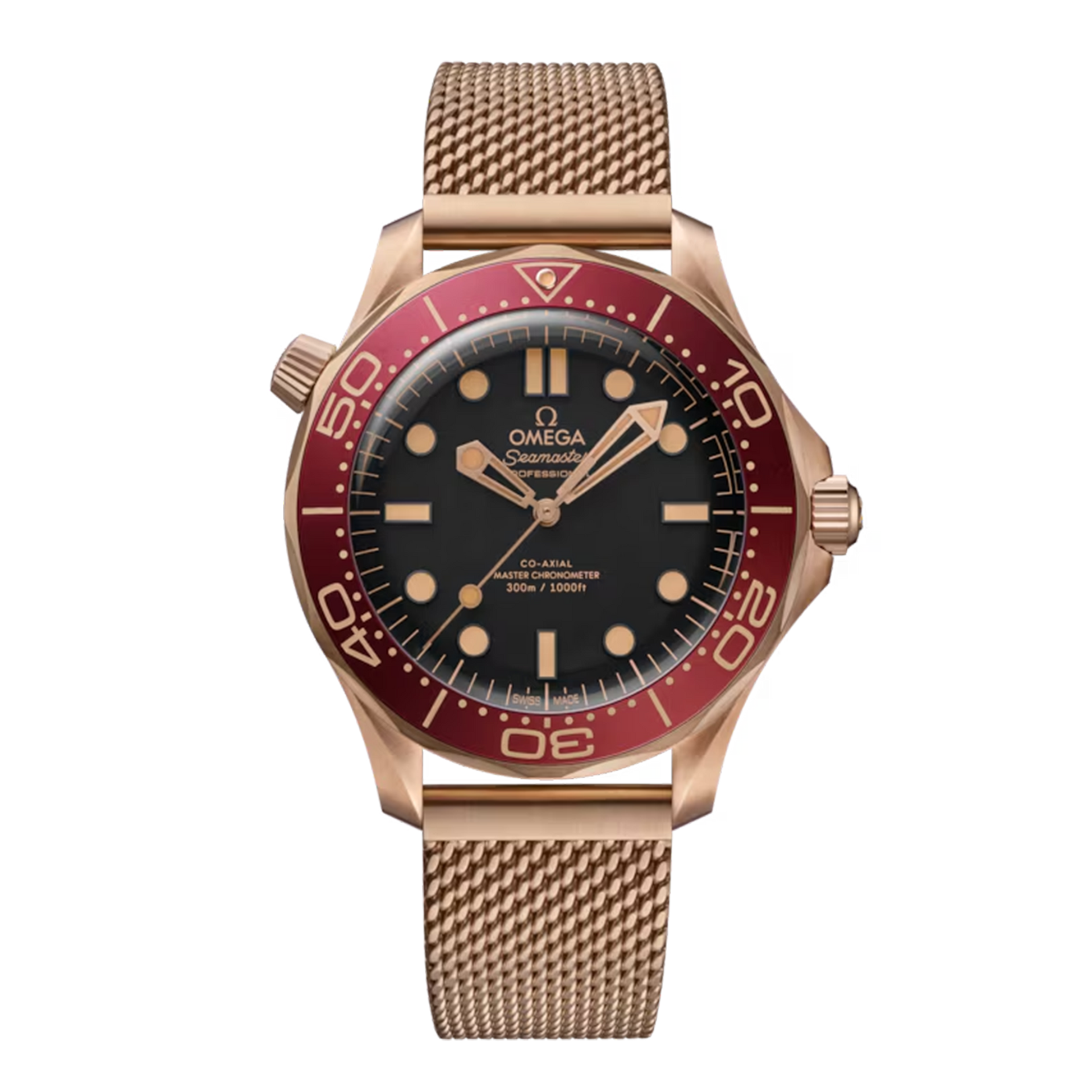Omega Seamaster Diver 300M 210.90.42.20.01.003 Bronze Gold watch with black dial burgundy bezel and mesh bracelet