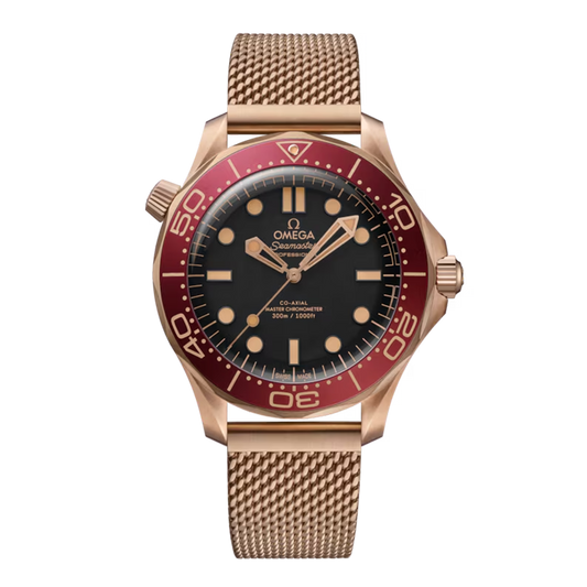 Omega Seamaster Diver 300M 210.90.42.20.01.003 Bronze Gold watch with black dial burgundy bezel and mesh bracelet