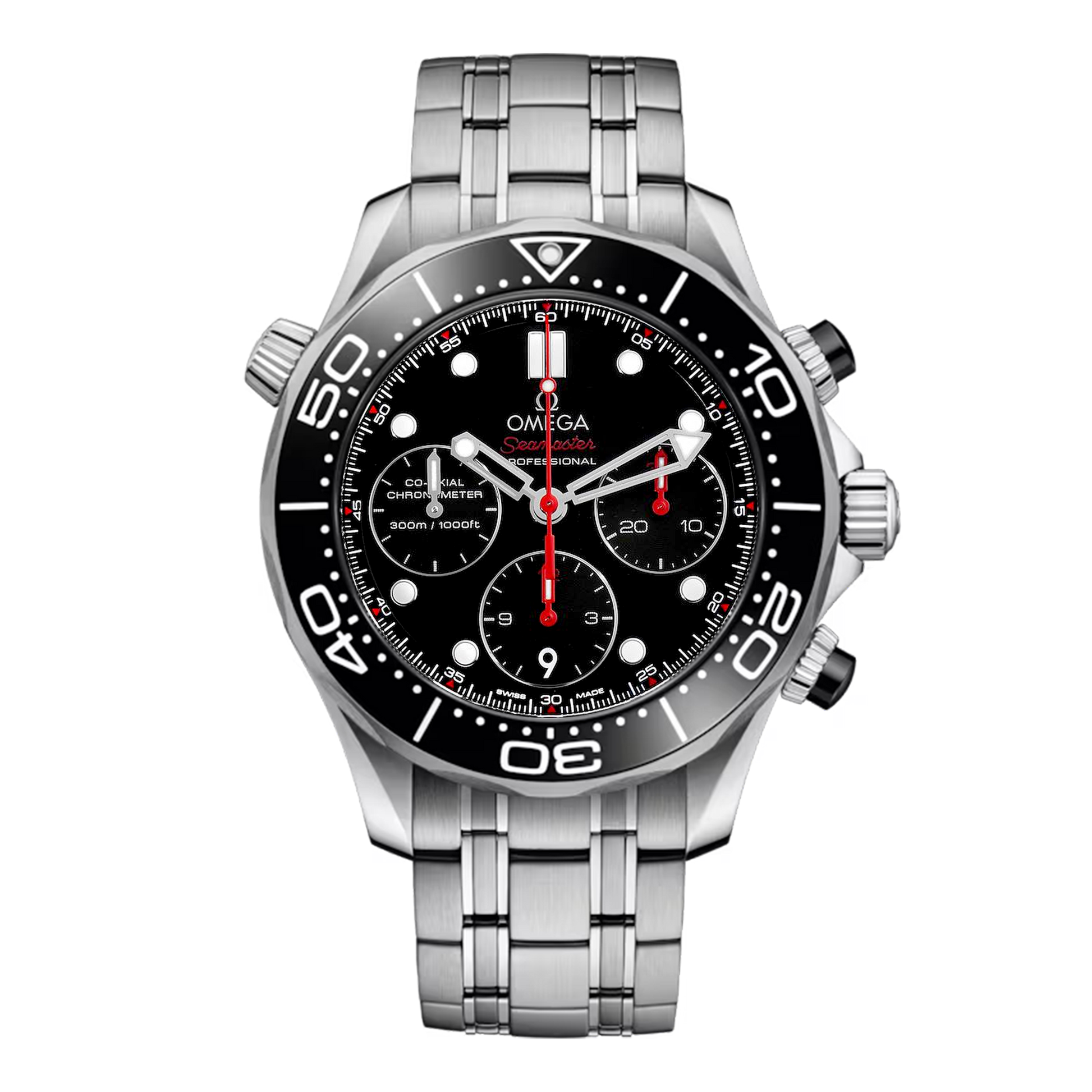 Omega Seamaster Diver 300M Chronograph 212.30.42.50.01.001 stainless steel watch with black ceramic wave dial and steel bracelet