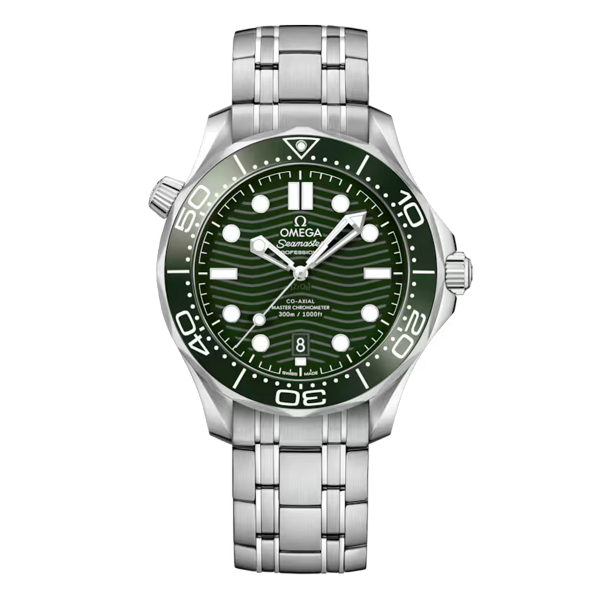 Omega Seamaster Diver 300M 210.30.42.20.10.001 stainless steel watch with green ceramic wave dial and steel bracelet