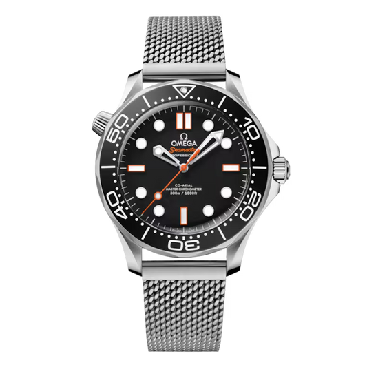 Omega Seamaster Diver 300M 210.30.42.20.01.018 stainless steel watch with black aluminium dial orange accents and mesh bracelet