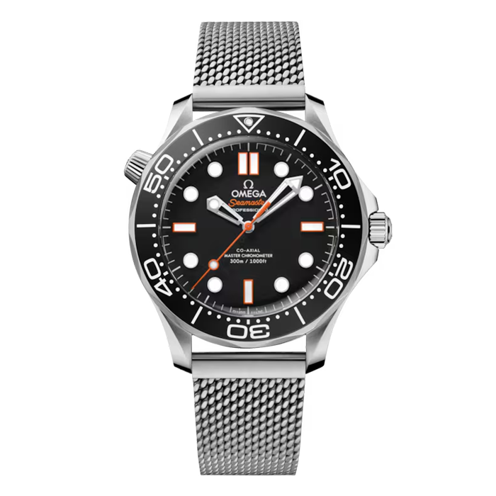 Omega Seamaster Diver 300M 210.30.42.20.01.018 stainless steel watch with black aluminium dial orange accents and mesh bracelet