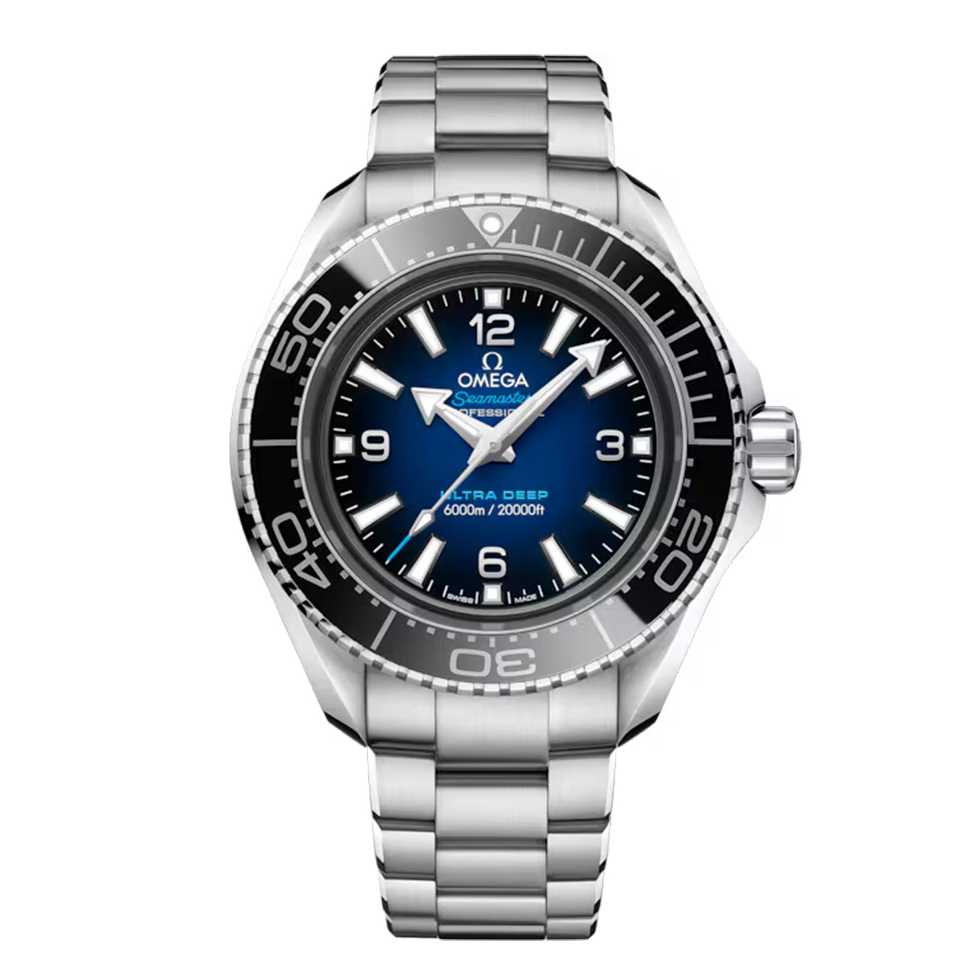 Omega Seamaster Planet Ocean 6000M Ultra Deep 215.30.46.21.03.001 O-MEGASTEEL watch with blue gradient dial and bracelet