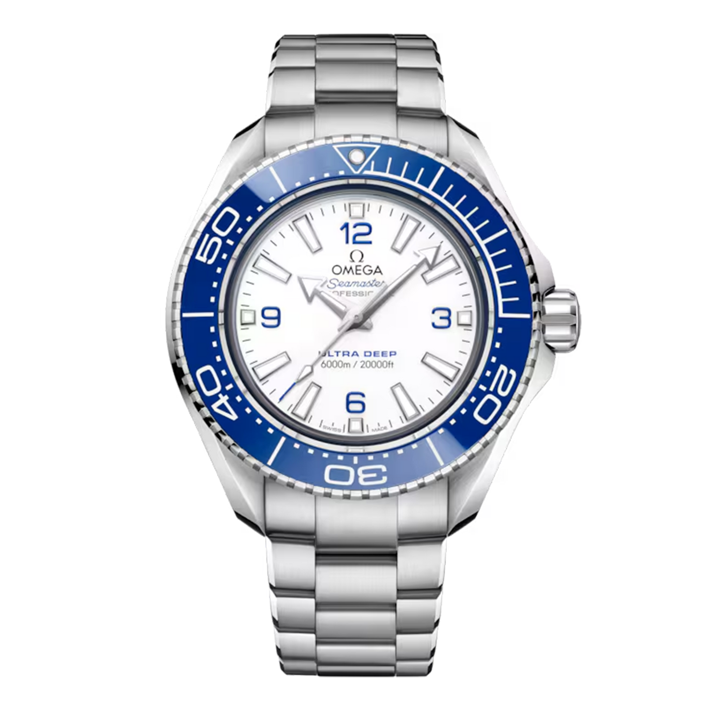 Omega Seamaster Planet Ocean 6000M Ultra Deep 215.30.46.21.04.001 O-MEGASTEEL watch with white dial blue ceramic bezel and bracelet