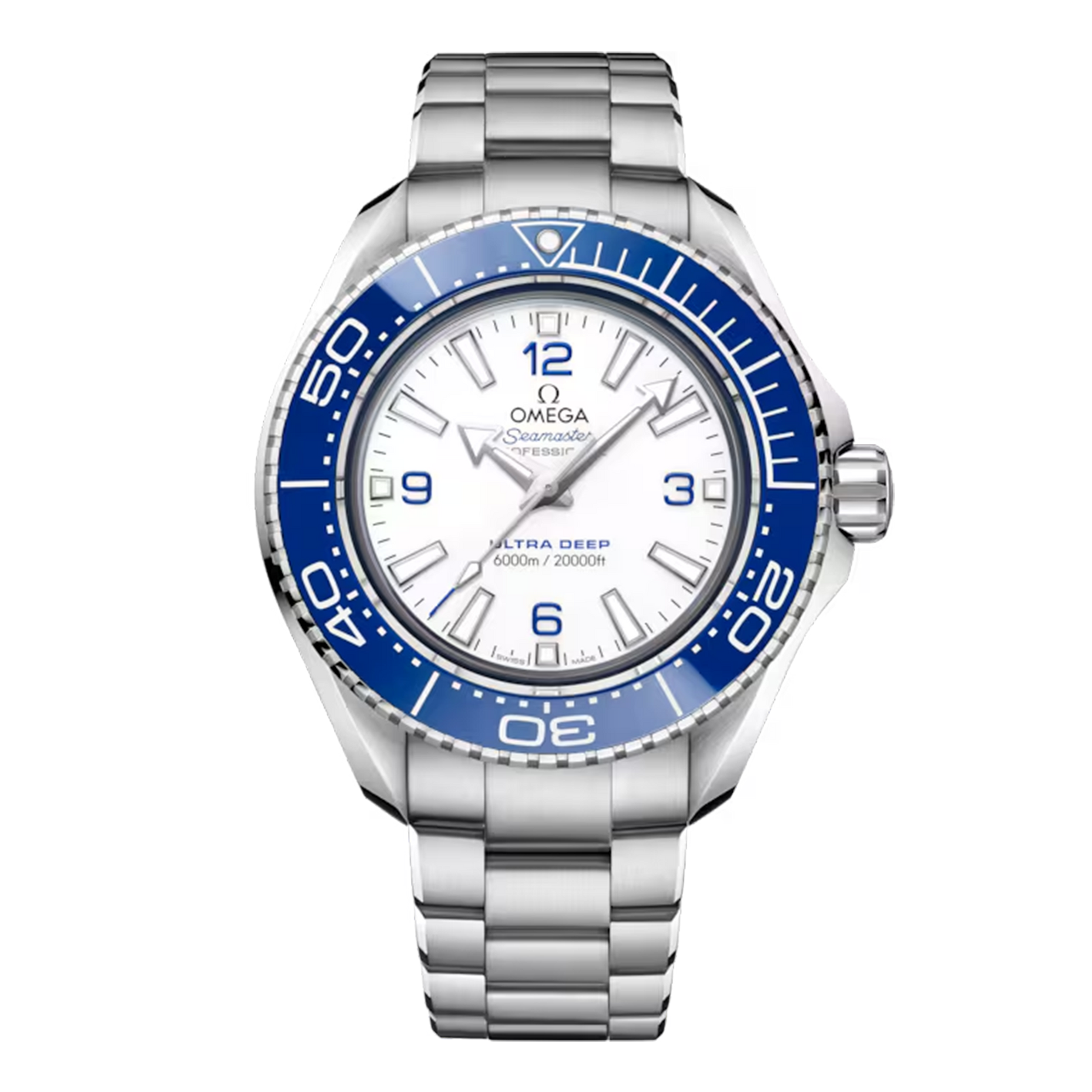 Omega Seamaster Planet Ocean 6000M Ultra Deep 215.30.46.21.04.001 O-MEGASTEEL watch with white dial blue ceramic bezel and bracelet