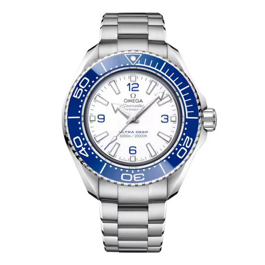 Omega Seamaster Planet Ocean 6000M Ultra Deep 215.30.46.21.04.001 O-MEGASTEEL watch with white dial blue ceramic bezel and bracelet