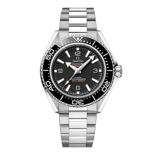 Omega Seamaster Planet Ocean 600M 217.30.42.21.01.001 stainless steel watch with black dial black ceramic bezel and steel bracelet