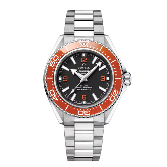 Omega Seamaster Planet Ocean 600M 217.30.42.21.01.003 stainless steel watch with black dial orange bezel and steel bracelet