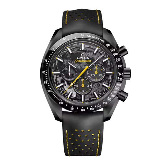 Omega Speedmaster Dark Side of the Moon Apollo 8 310.92.44.50.01.001 black ceramic chronograph watch with skeleton dial and black yellow rubber strap