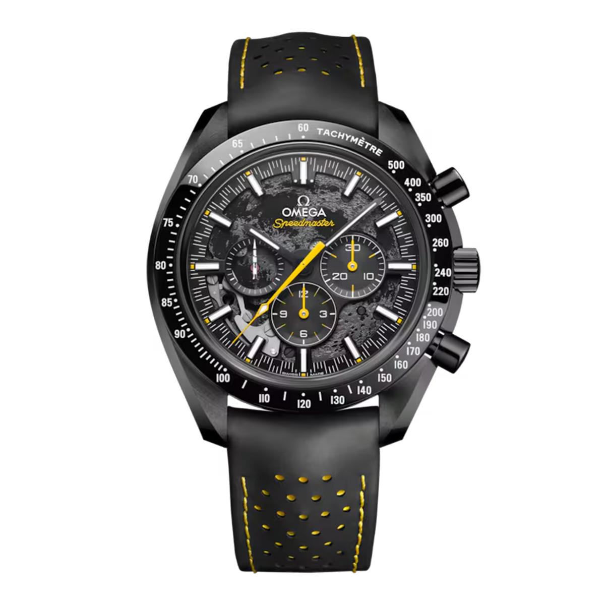Omega Speedmaster Dark Side of the Moon Apollo 8 310.92.44.50.01.001 black ceramic chronograph watch with skeleton dial and black yellow rubber strap