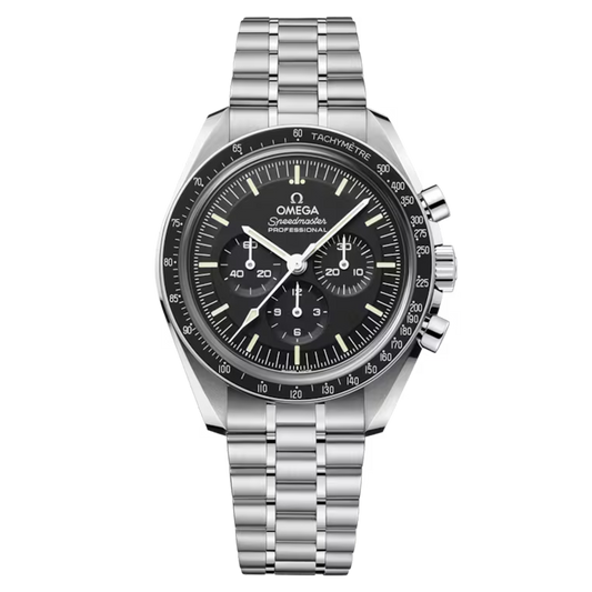 Omega Speedmaster Moonwatch Professional 310.30.42.50.01.002 stainless steel chronograph watch with black dial and steel bracelet