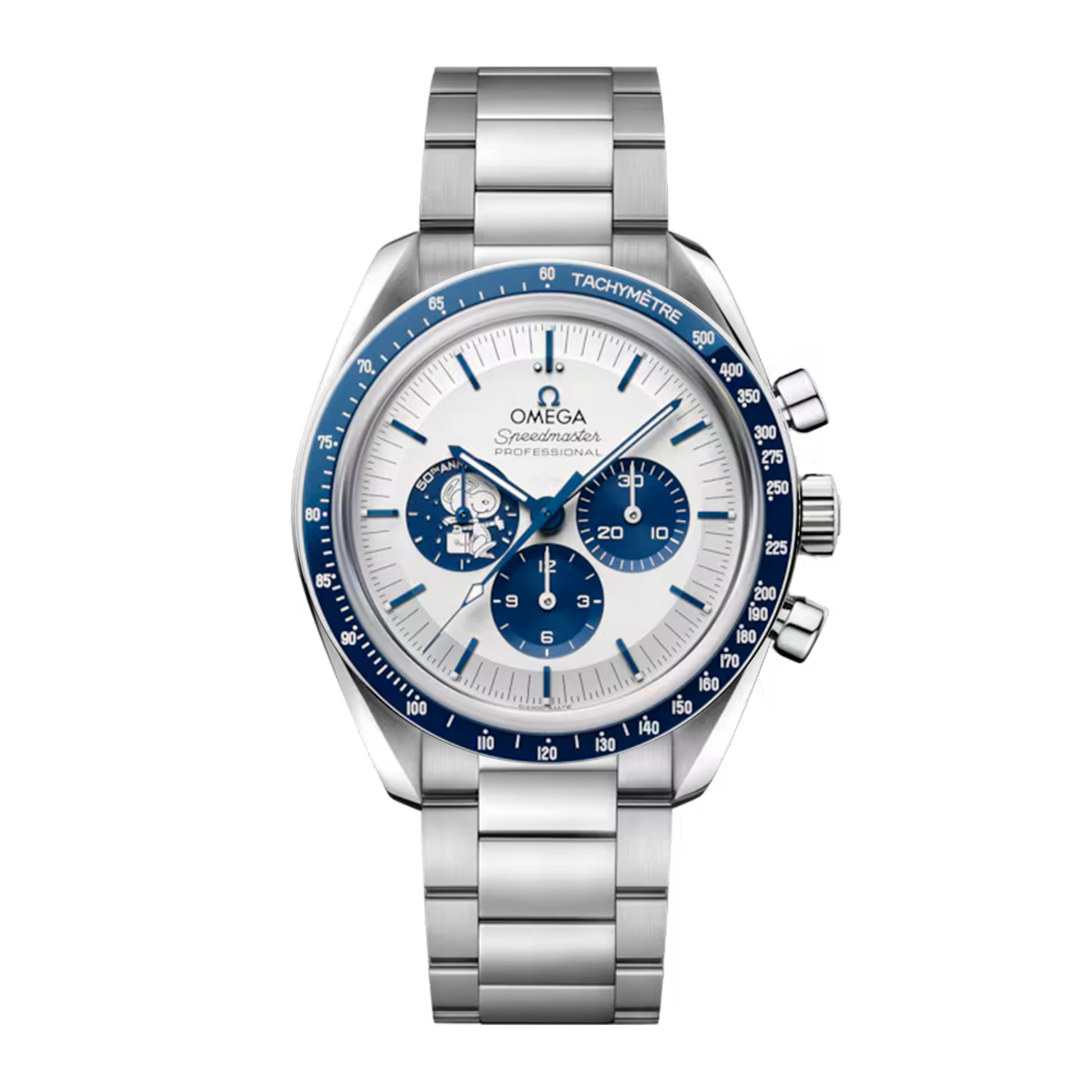 Omega Speedmaster Silver Snoopy Award 50th Anniversary 310.32.42.50.02.001 silver dial blue bezel steel bracelet watch