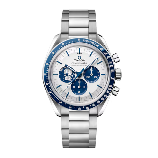 Omega Speedmaster Silver Snoopy Award 50th Anniversary 310.32.42.50.02.001 silver dial blue bezel steel bracelet watch
