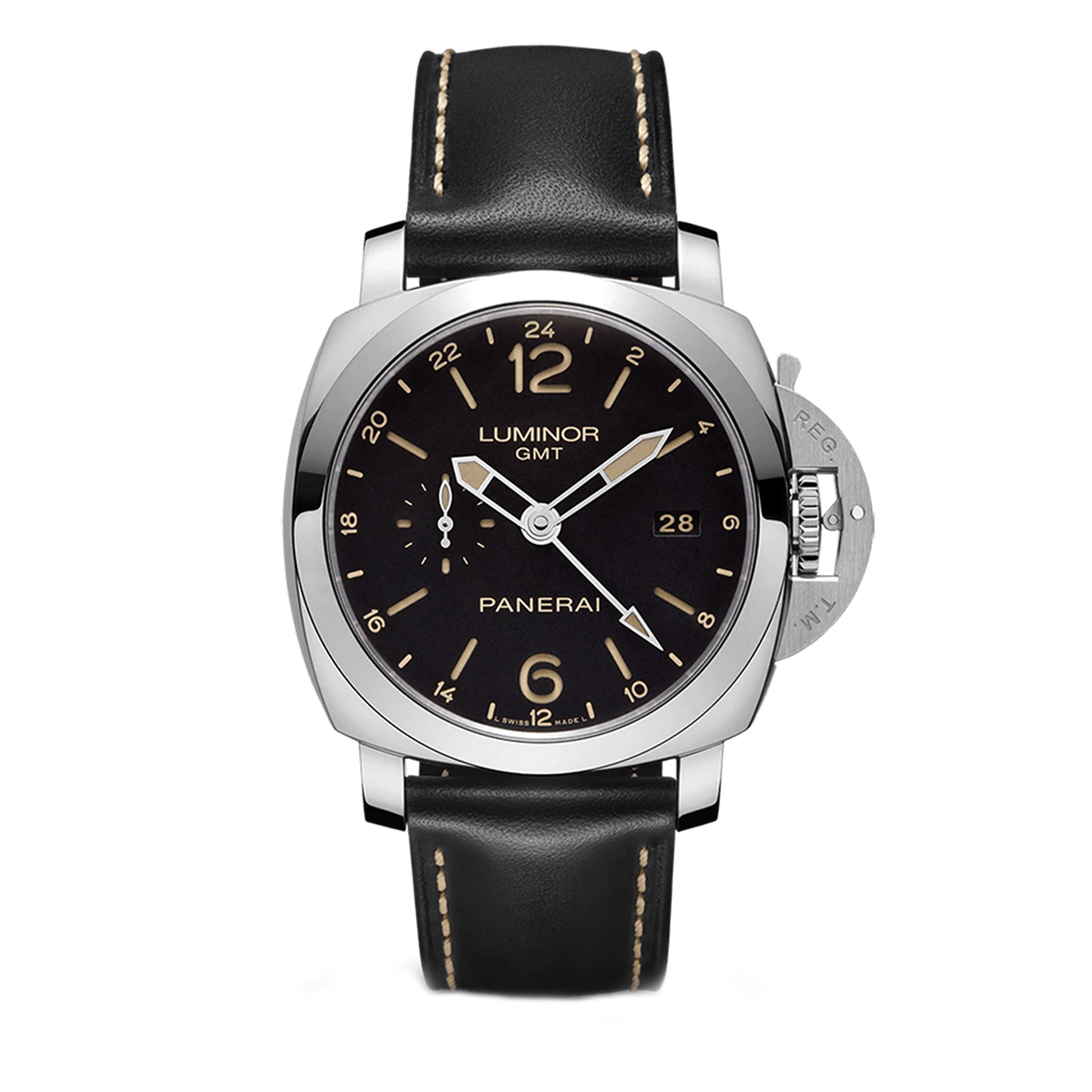 Panerai Luminor 1950 10 Days GMT PAM00270 steel watch with black dial and black leather strap