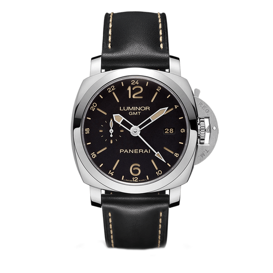 Panerai Luminor 1950 10 Days GMT PAM00270 steel watch with black dial and black leather strap