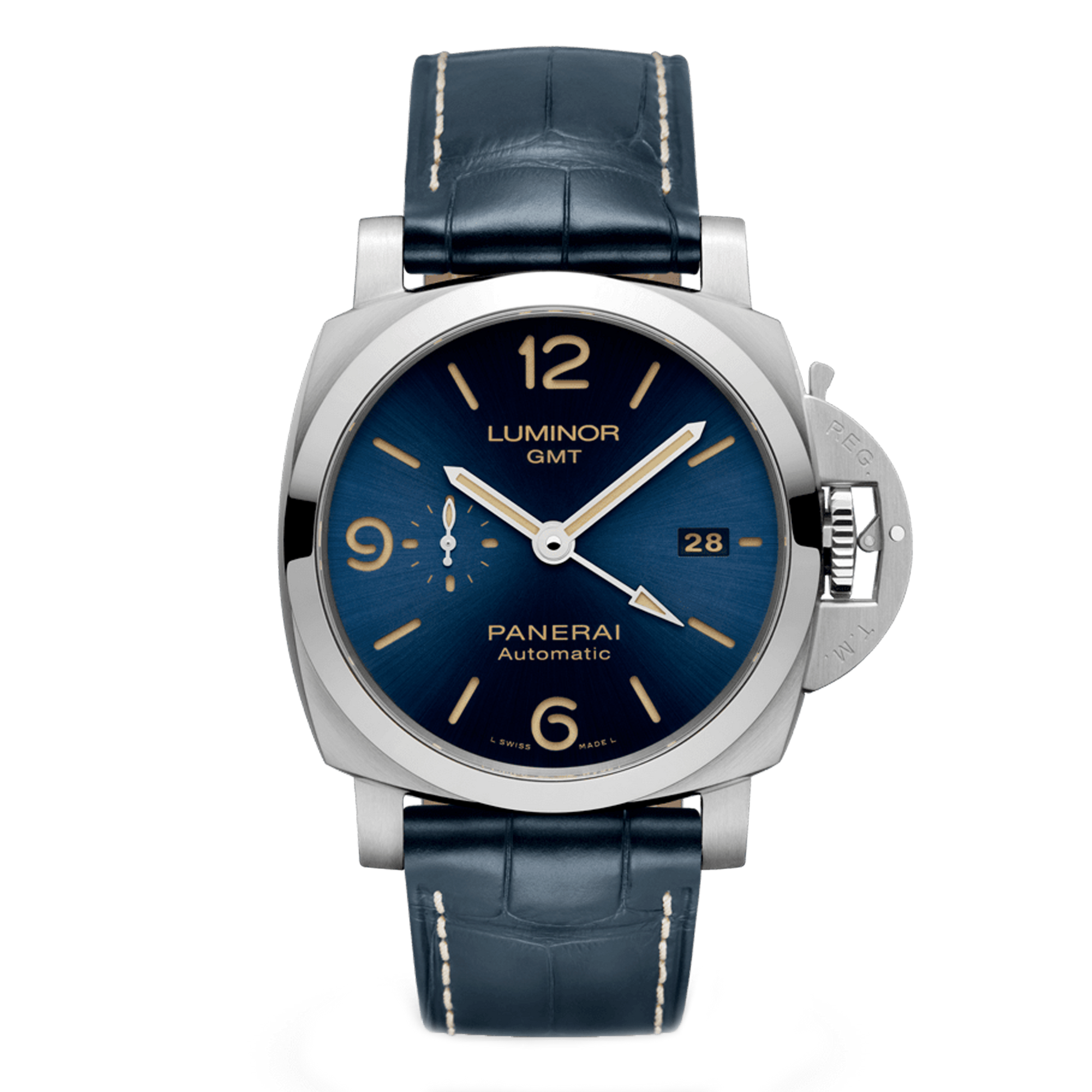 Panerai Luminor 1950 3 Days GMT PAM01033 steel watch with blue dial and blue leather strap
