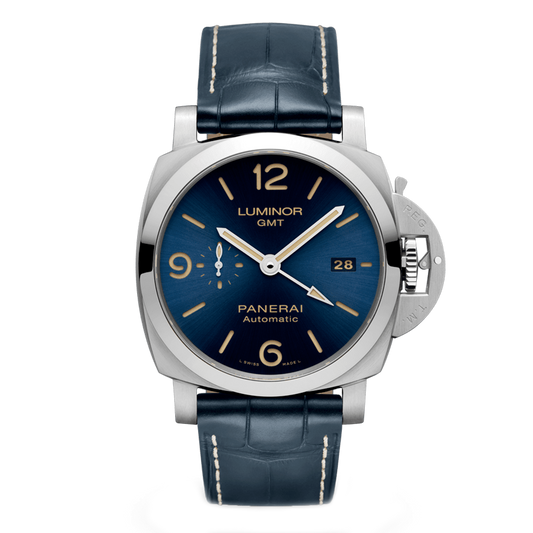 Panerai Luminor 1950 3 Days GMT PAM01033 steel watch with blue dial and blue leather strap