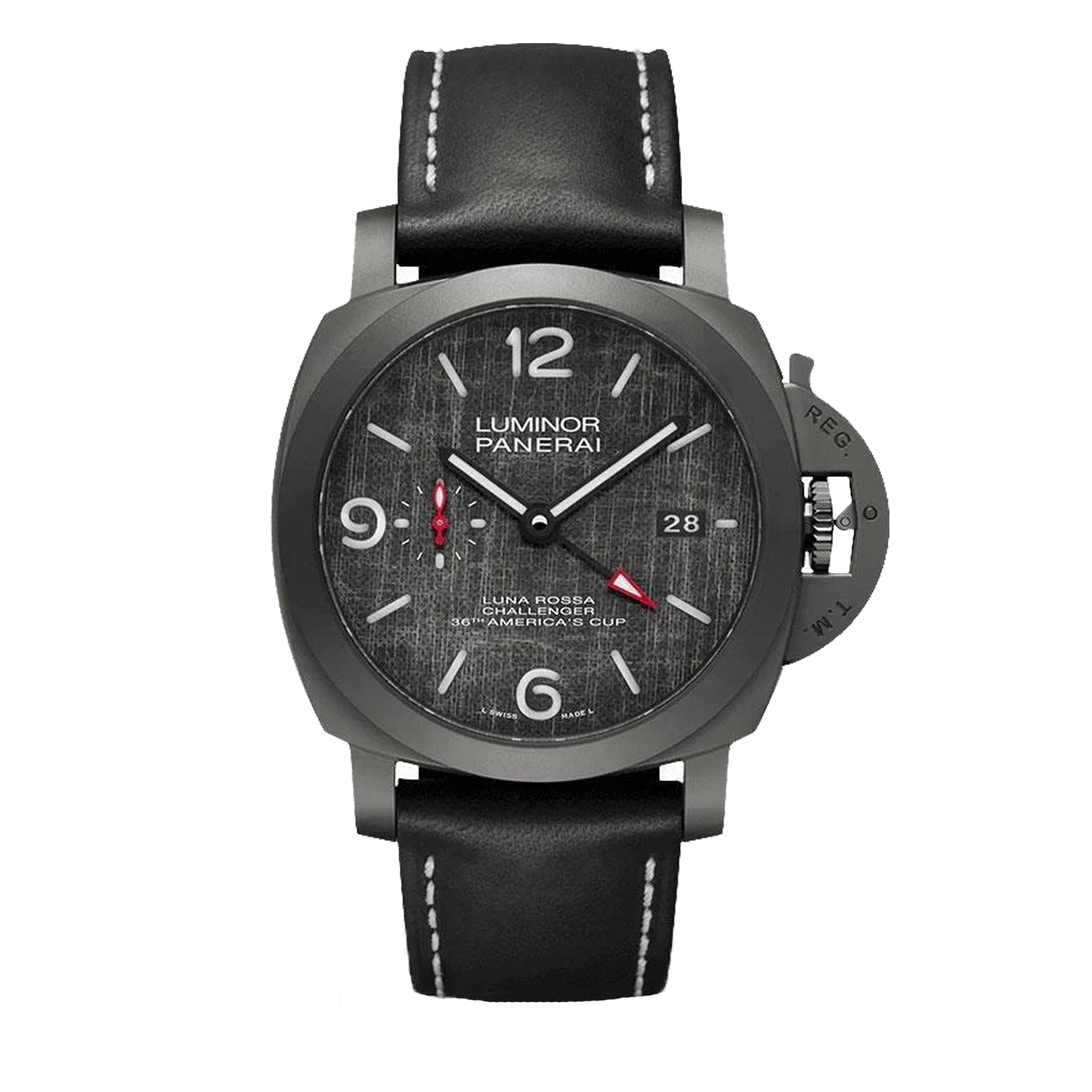 Panerai Luminor Luna Rossa GMT PAM01036 titanium DLC watch with dark grey dial and black strap