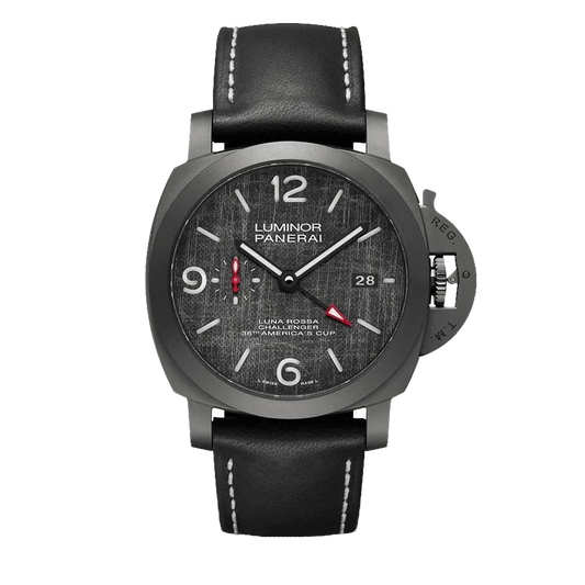 Panerai Luminor Luna Rossa GMT PAM01036 titanium DLC watch with dark grey dial and black strap