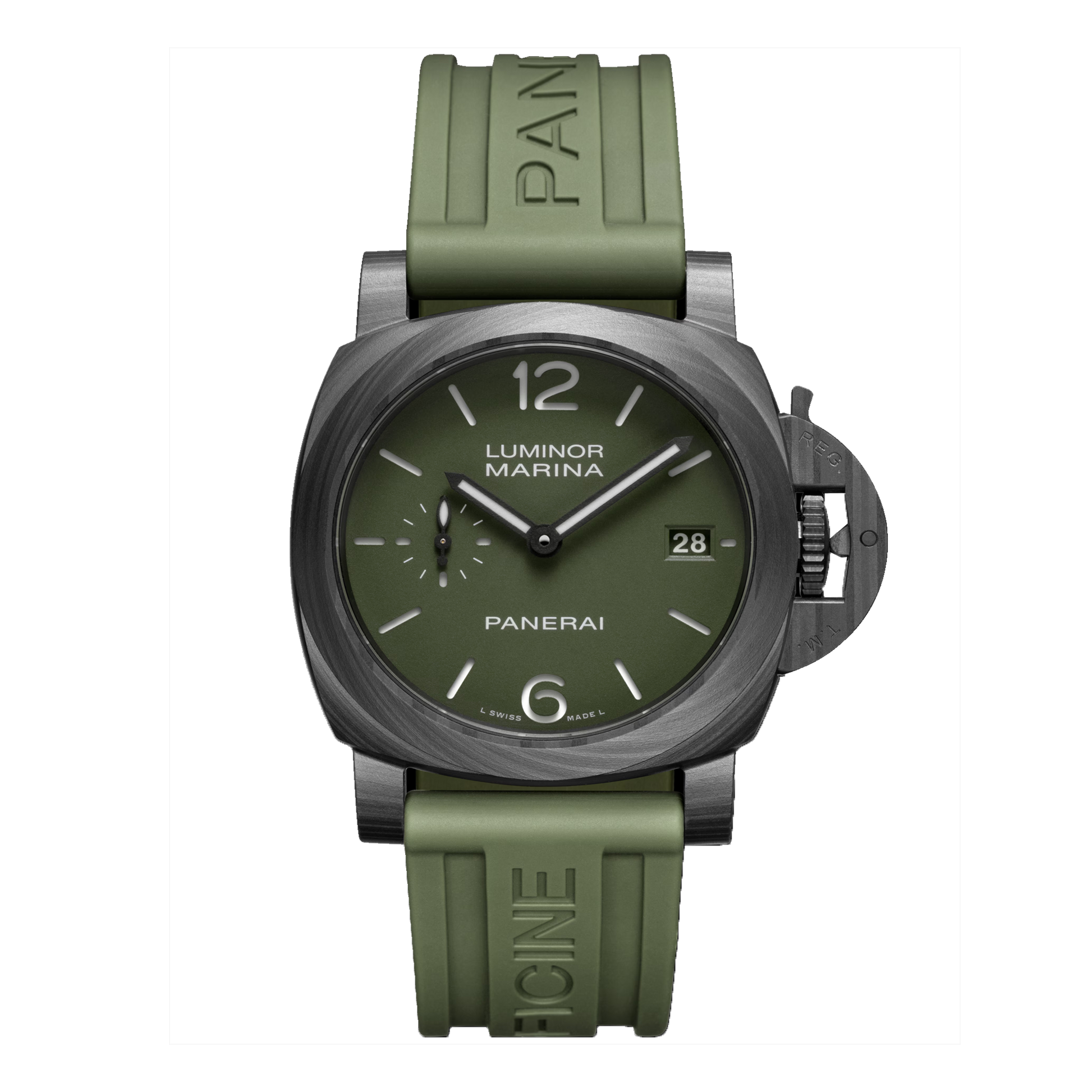 Panerai Luminor Marina Carbotech PAM01526 40mm watch with green dial and green rubber strap