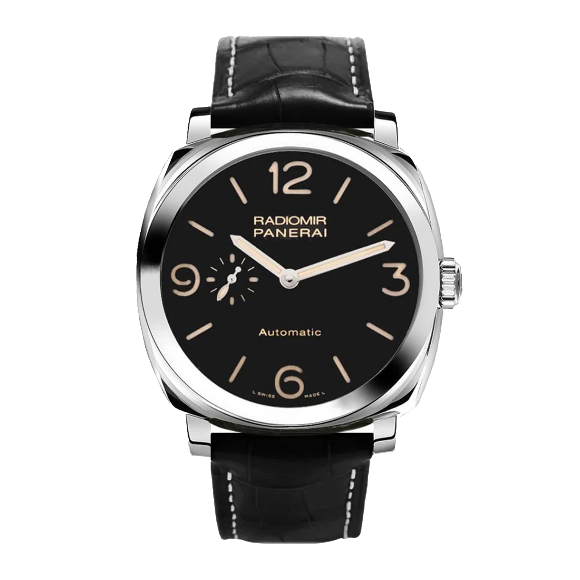 Panerai Radiomir 1940 3 Days Automatic PAM00572 steel watch with black dial and black leather strap