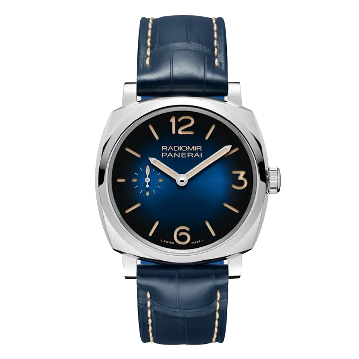 Panerai Radiomir 1940 3 Days Automatic PAM00933 steel watch with blue sunburst dial and blue leather strap
