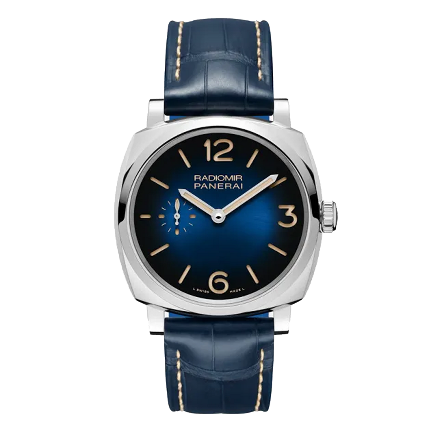 Panerai Radiomir 1940 3 Days Automatic PAM00933 steel watch with blue sunburst dial and blue leather strap