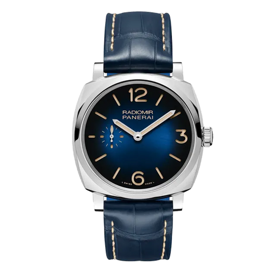 Panerai Radiomir 1940 3 Days Automatic PAM00933 steel watch with blue sunburst dial and blue leather strap
