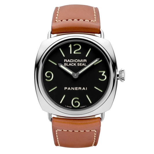 Panerai Radiomir Base Logo 3 Days PAM00753 steel watch with black dial and brown leather strap