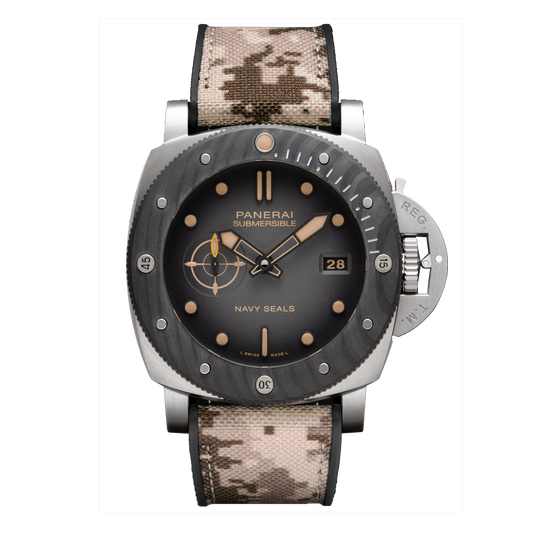 Panerai Submersible Navy SEALs GMT PAM01323 steel watch with anthracite dial and camo strap