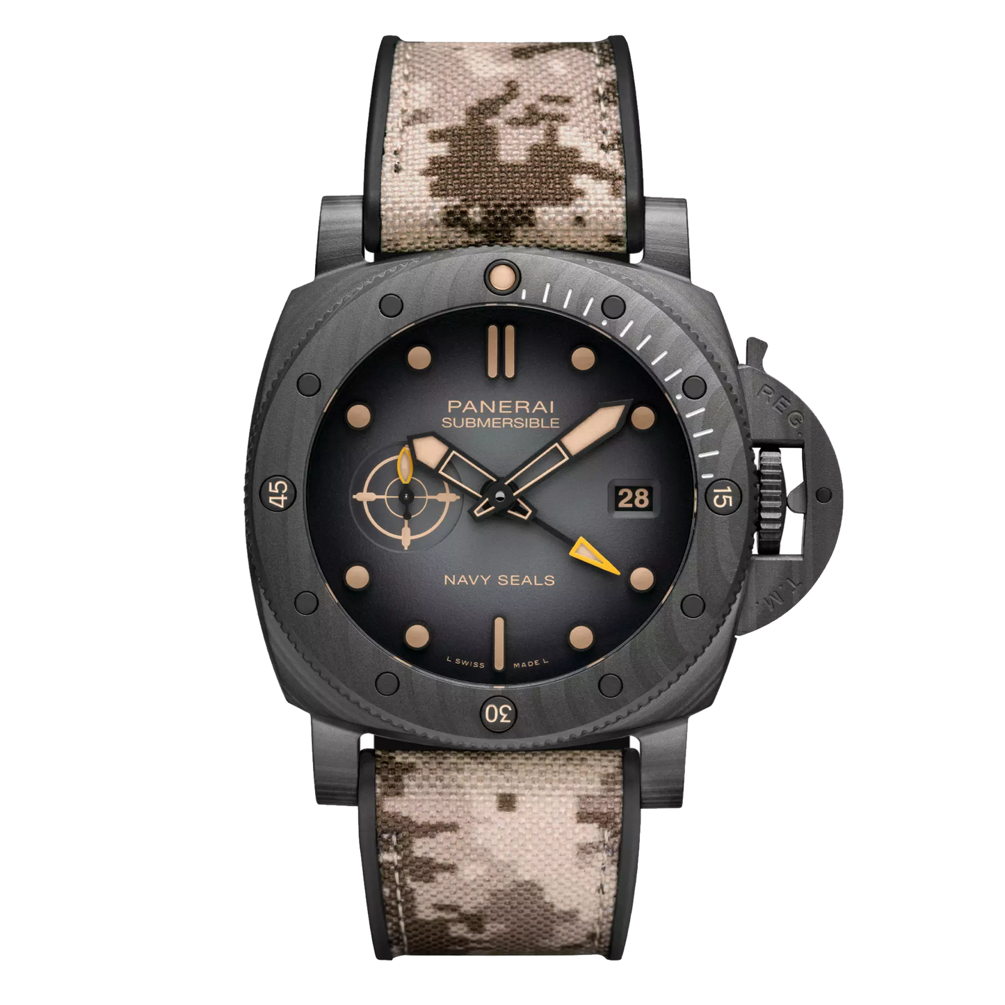 Panerai Submersible QuarantaQuattro GMT Navy SEALs PAM01513 Carbotech watch with black shaded dial and camouflage strap