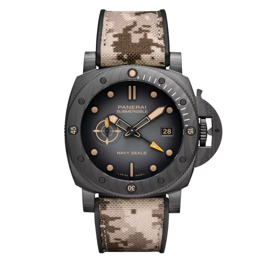 Panerai Submersible QuarantaQuattro GMT Navy SEALs PAM01513 Carbotech watch with black shaded dial and camouflage strap