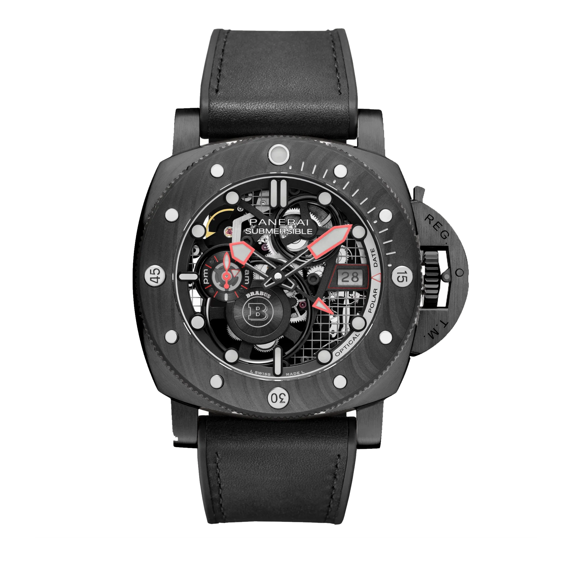 Panerai Submersible S Brabus Black Ops PAM01240 Carbotech watch with skeleton dial and black strap