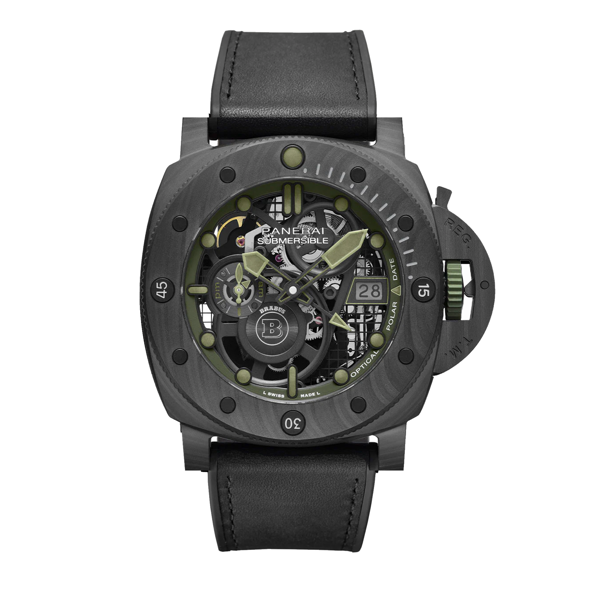 Panerai Submersible S BRABUS Verde Militare PAM01283 Carbotech watch with skeleton dial and black strap