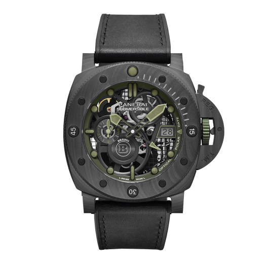 Panerai Submersible S BRABUS Verde Militare PAM01283 Carbotech watch with skeleton dial and black strap