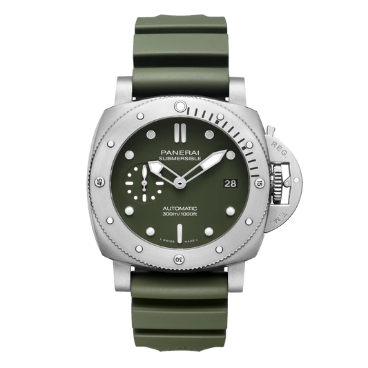 Panerai Submersible Verde Militare PAM01055 steel watch with green dial and green rubber strap
