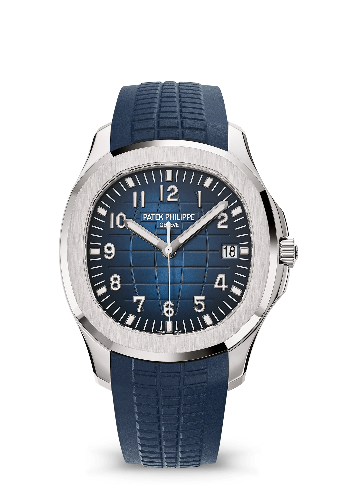 Patek Philippe Aquanaut 5168G-001 white gold watch with blue dial and blue strap