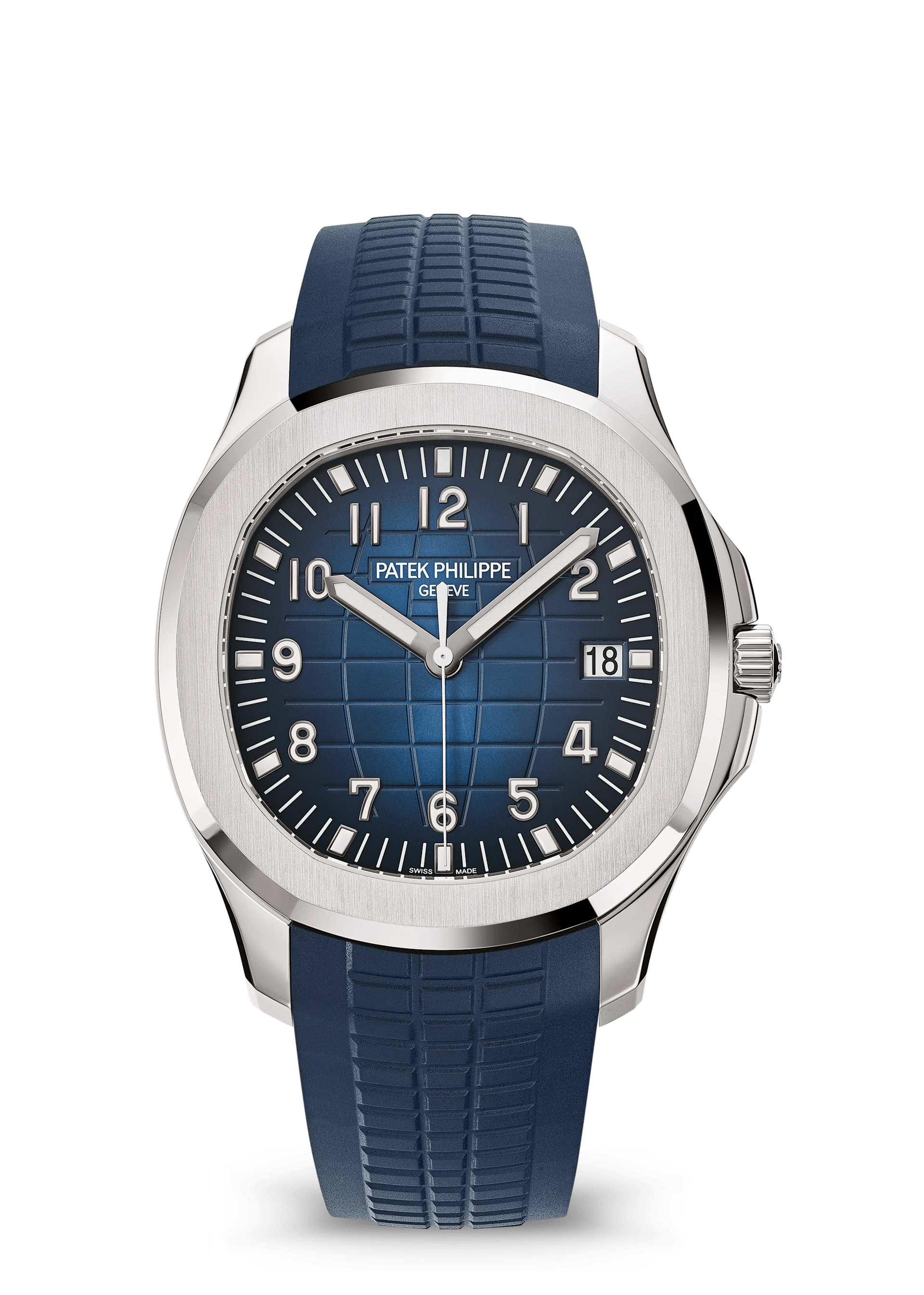 Patek Philippe Aquanaut 5168G-001 white gold watch with blue dial and blue strap