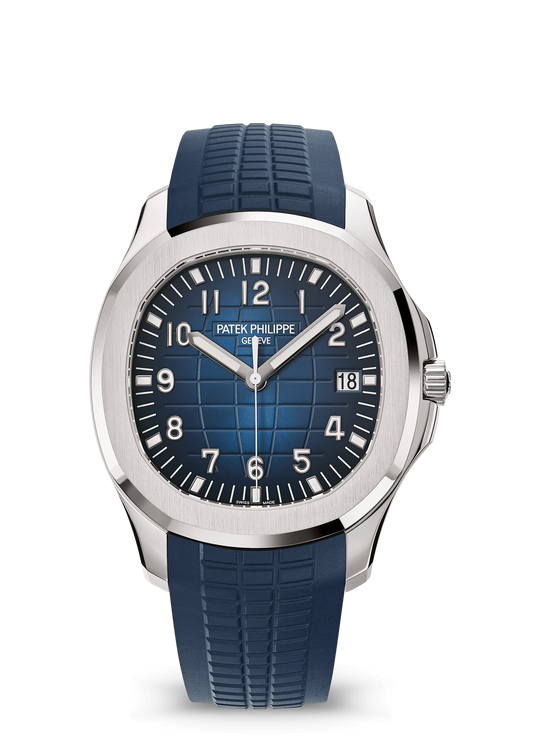 Patek Philippe Aquanaut 5168G-001 white gold watch with blue dial and blue strap