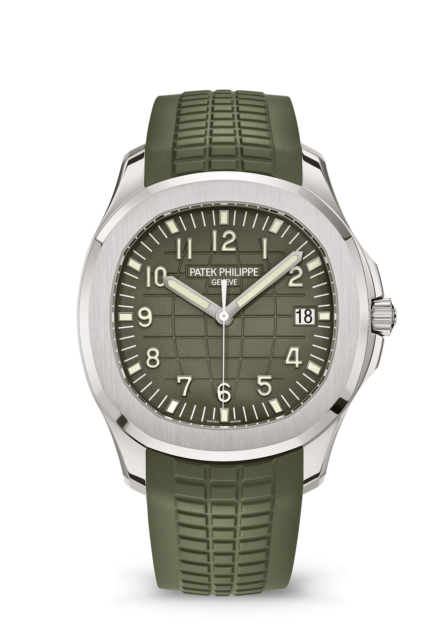 Patek Philippe Aquanaut 5168G-010 white gold watch with khaki green dial and strap