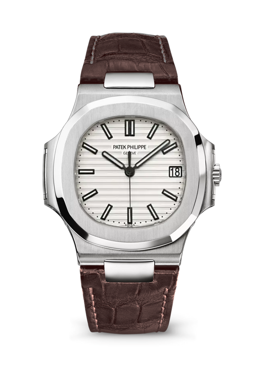 Patek Philippe Nautilus 5711/1A-011 stainless steel watch with white dial and dark brown strap