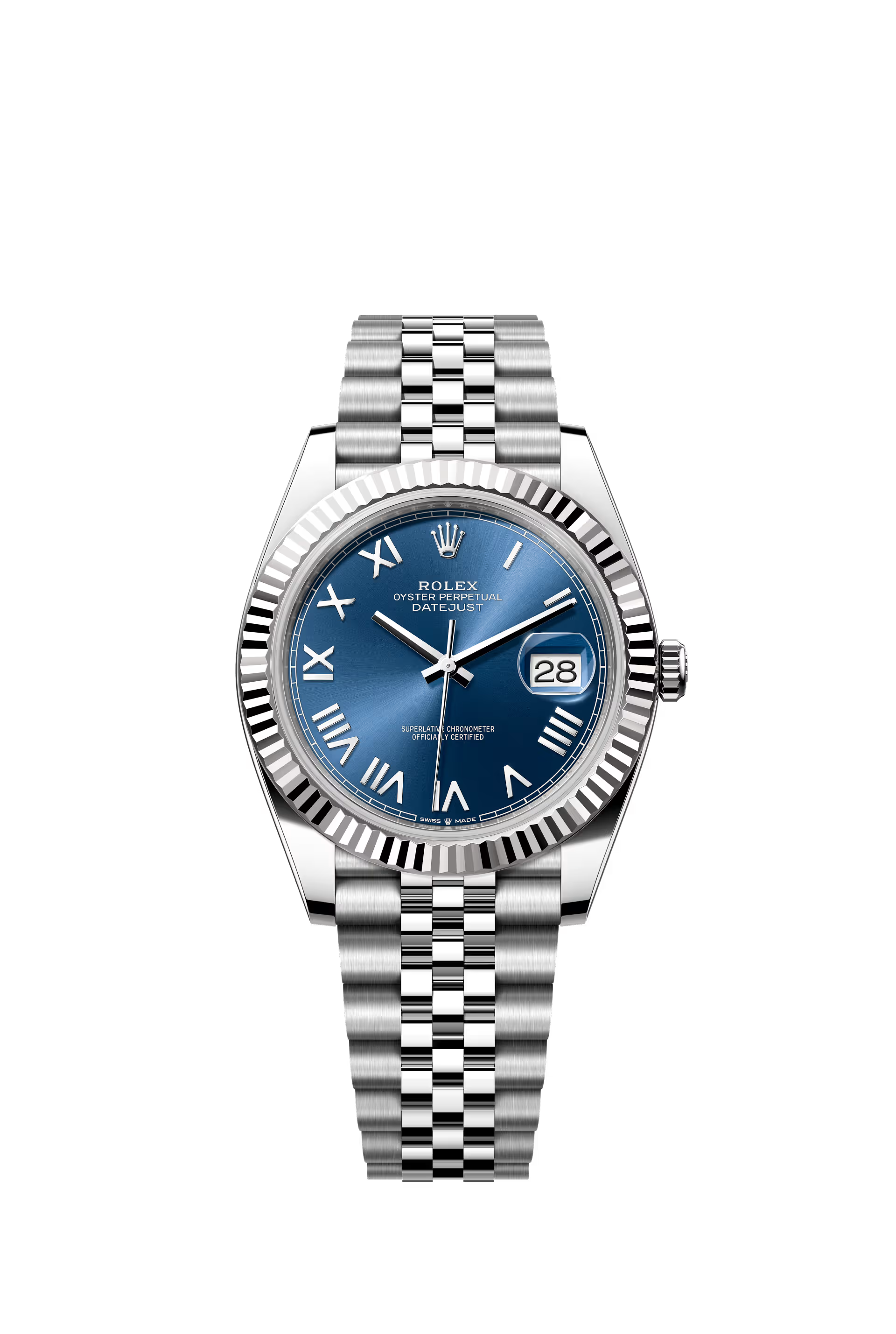 Rolex Datejust 41 Ref. 126334 Azzurro Blue Roman Dial Fluted Bezel Jubilee Bracelet
