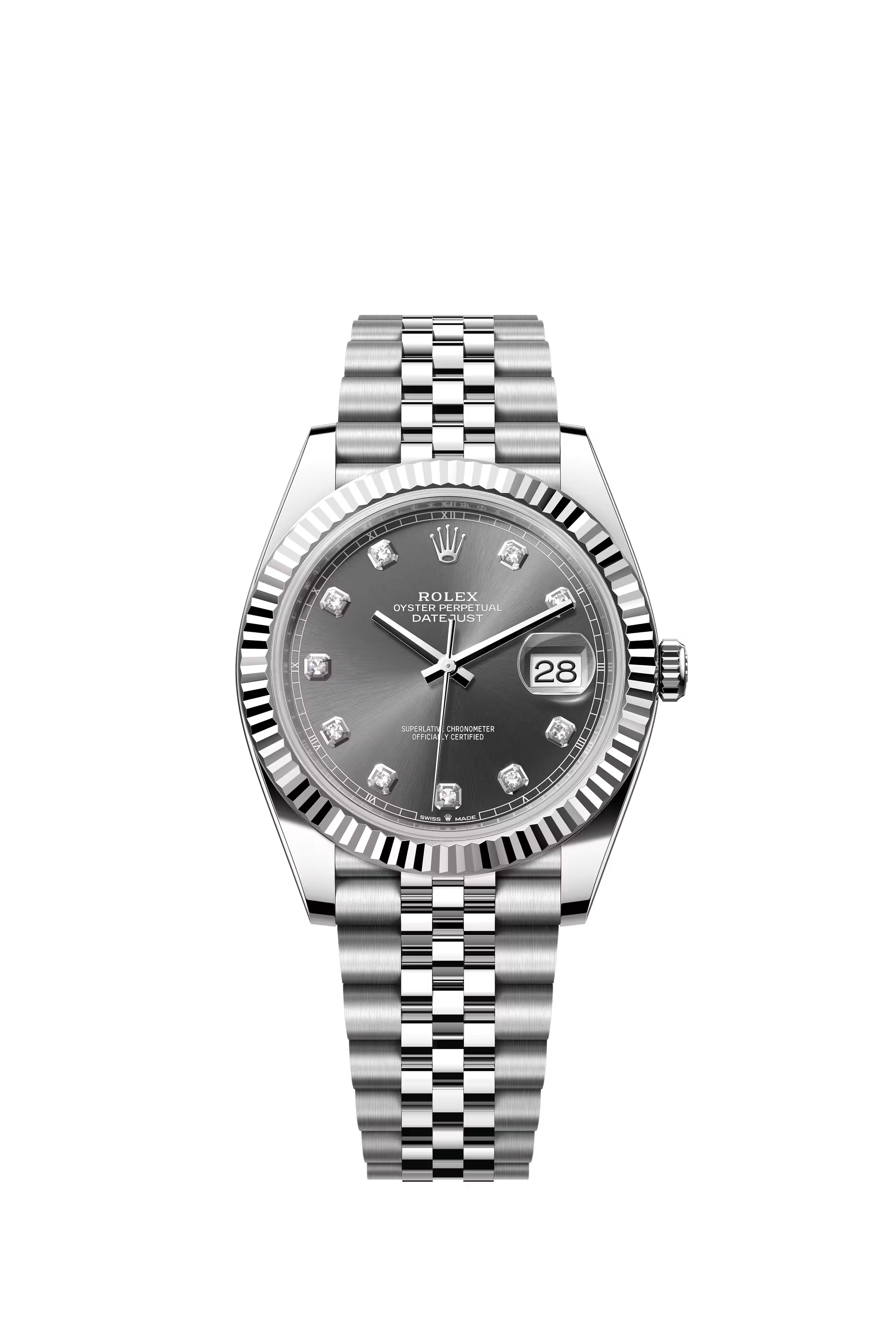 Rolex Datejust 41 Ref. 126334 Slate Diamond Dial Fluted Bezel Jubilee Bracelet
