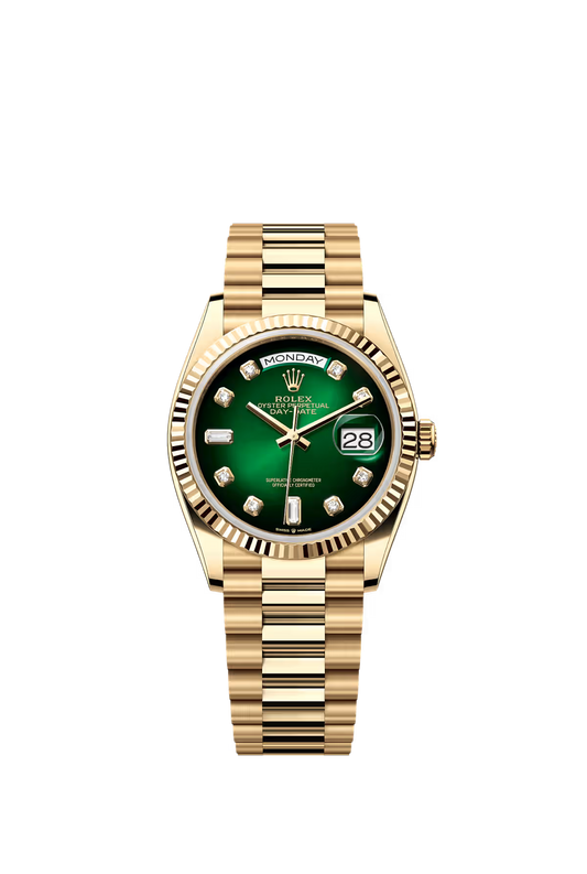 Rolex Day-Date 36 Ref. 128238 Green Dial Diamond Markers Yellow Gold