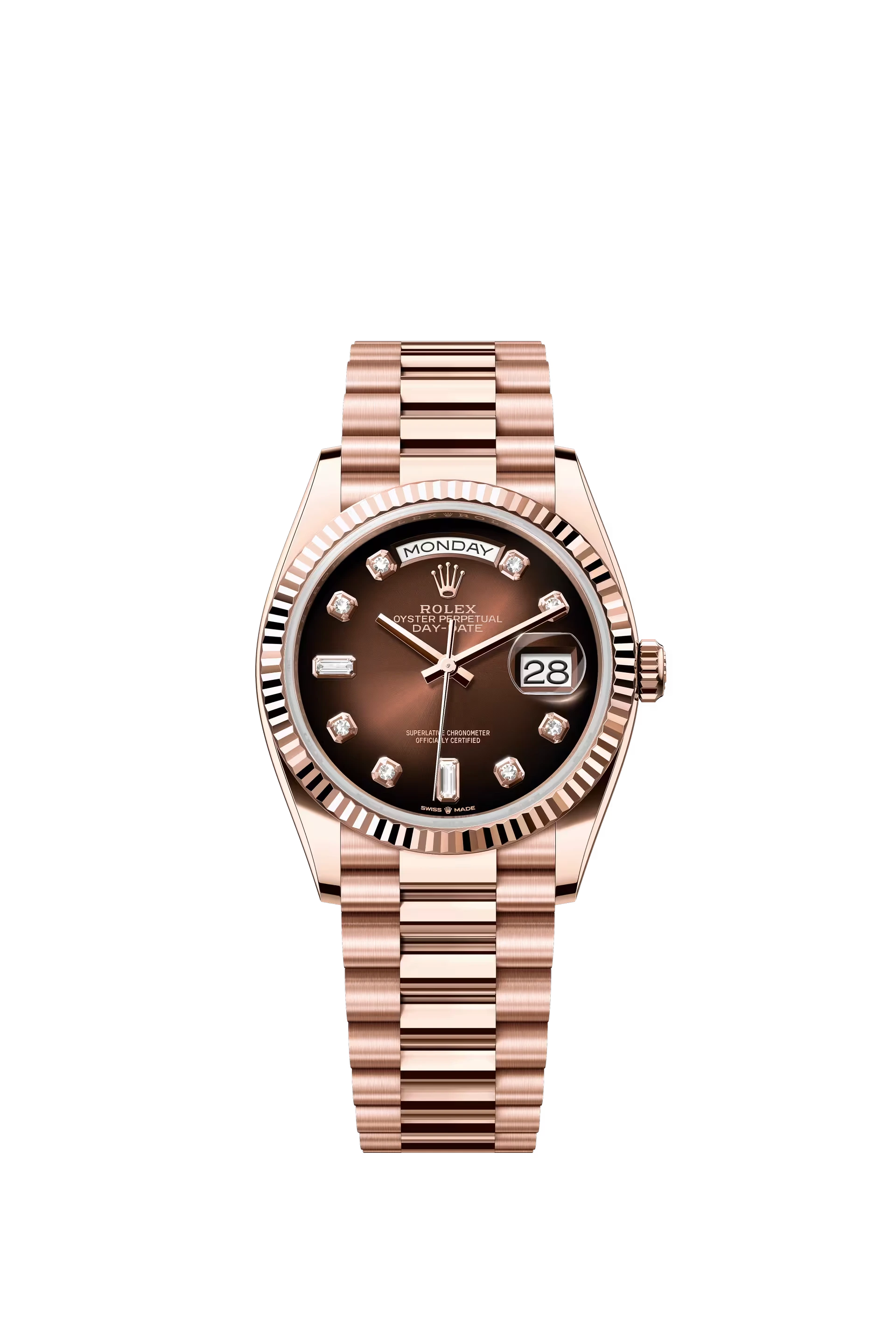 Rolex Day Date 36 mm Everose Gold Brown Ombre Dial Diamond Markers Ref. 128235