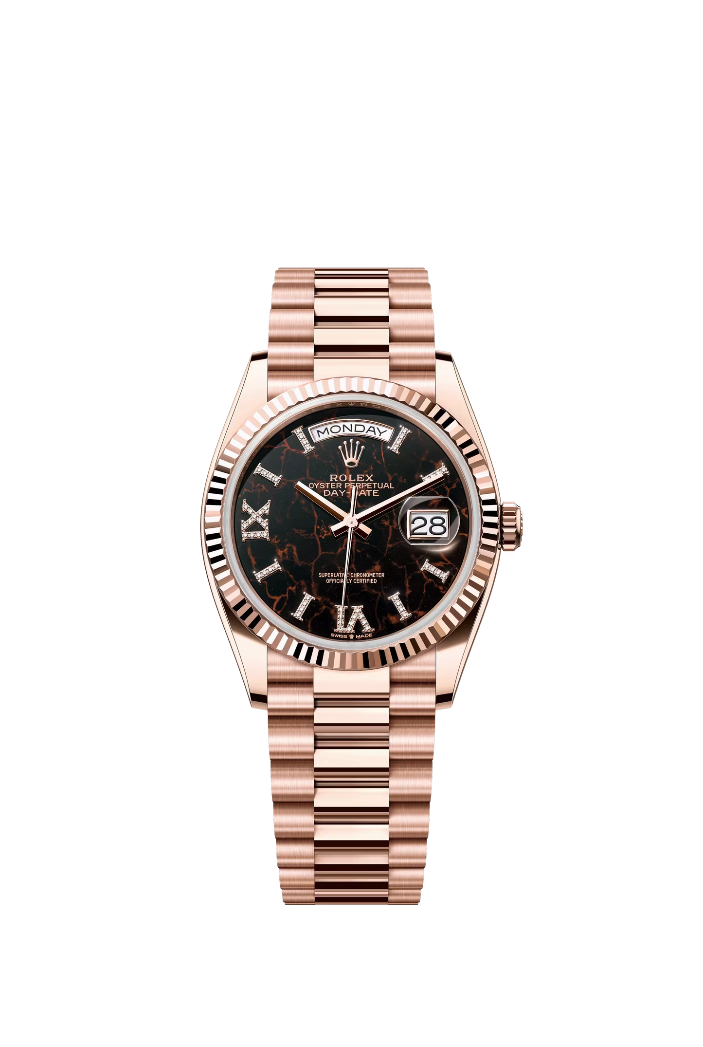 Rolex Day Date 36 mm Everose Gold Eisenkiesel Dial Diamond Roman Markers Ref. 128235